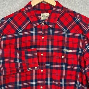 Lucky Brand Mens L Plaid Long Sleeve Western Snap Button Flannel Shirt Red‎ Blue